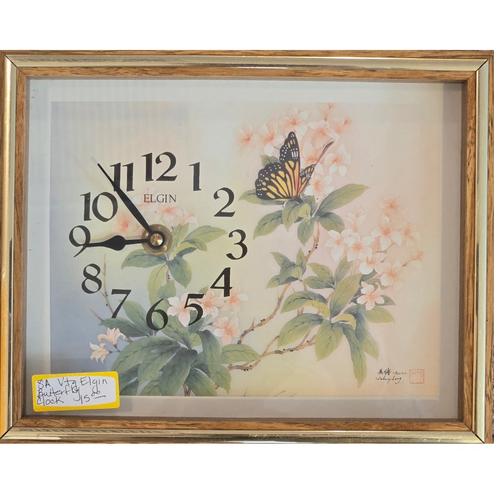 Elgin‎ Vintage MCM Butterfly Floral Mantle Tabletop Clock Wood Grain Frame Works